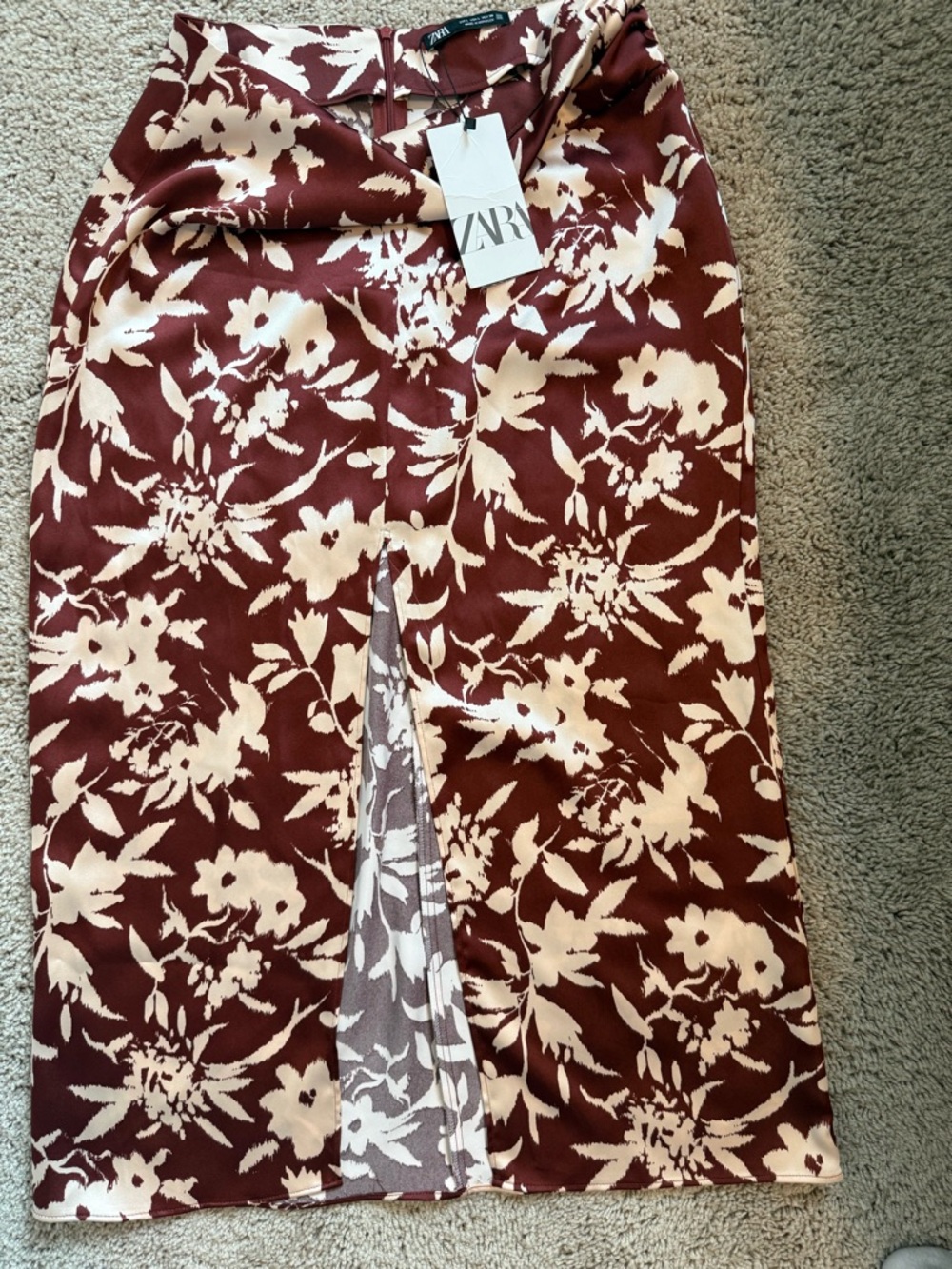 Zara Burgundy and Cream Printed Midi Skirt